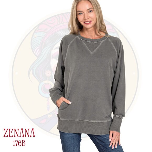 176B ZENANA Black Cotton French Terry Pullover Sweatshirt w Pockets - Picture 1 of 1